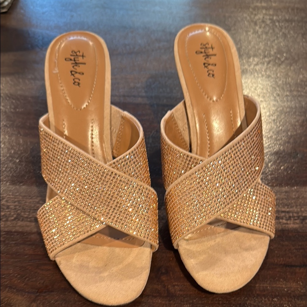 Style & Co Gold and Pink Mules with Crisscross Straps